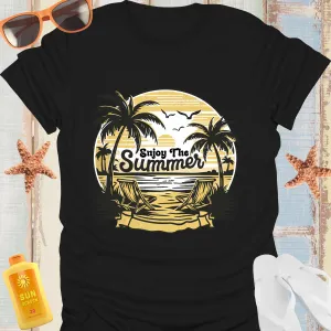 Summer Beach Scene T-Shirt With Palm Trees Design