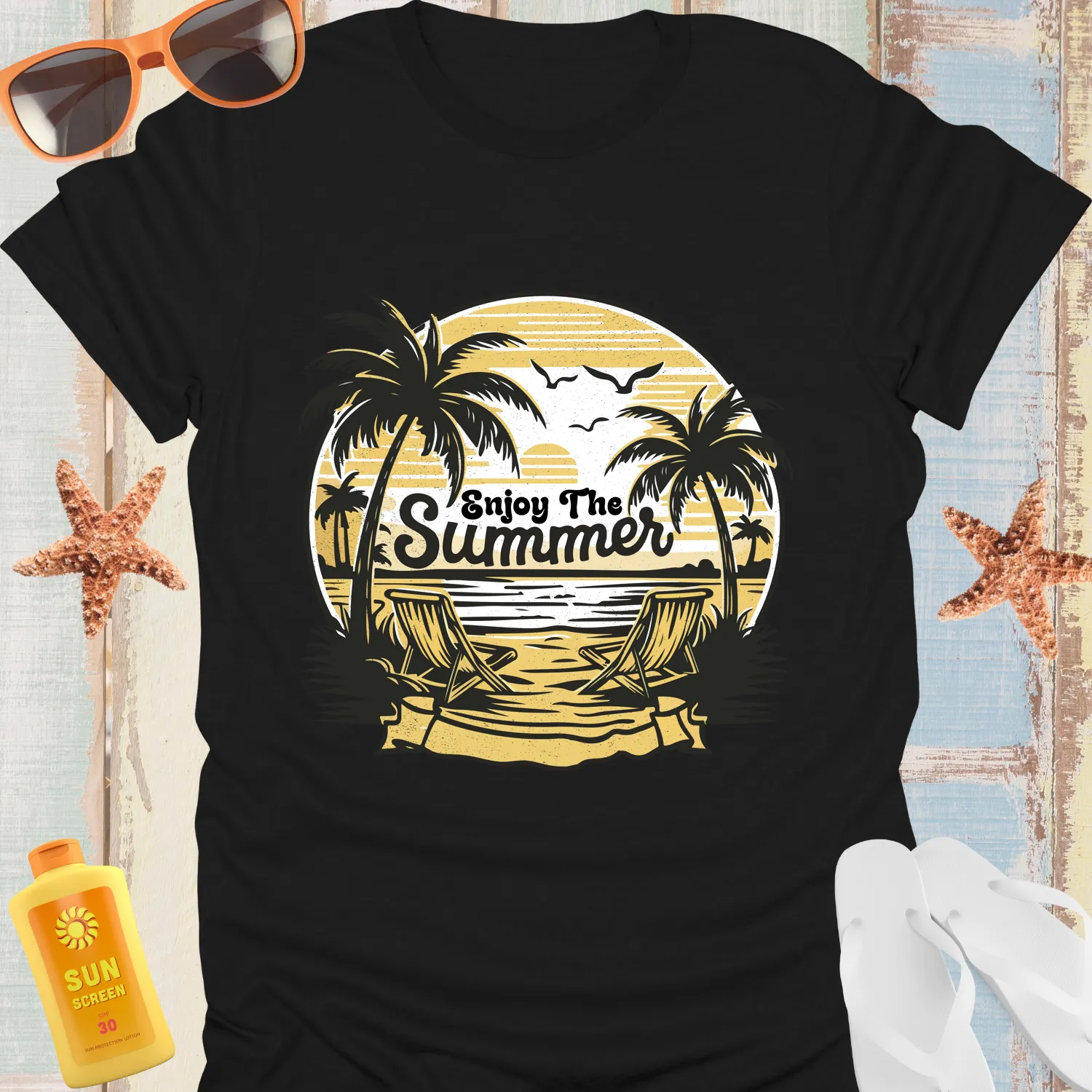 Summer Beach Scene T-Shirt With Palm Trees Design