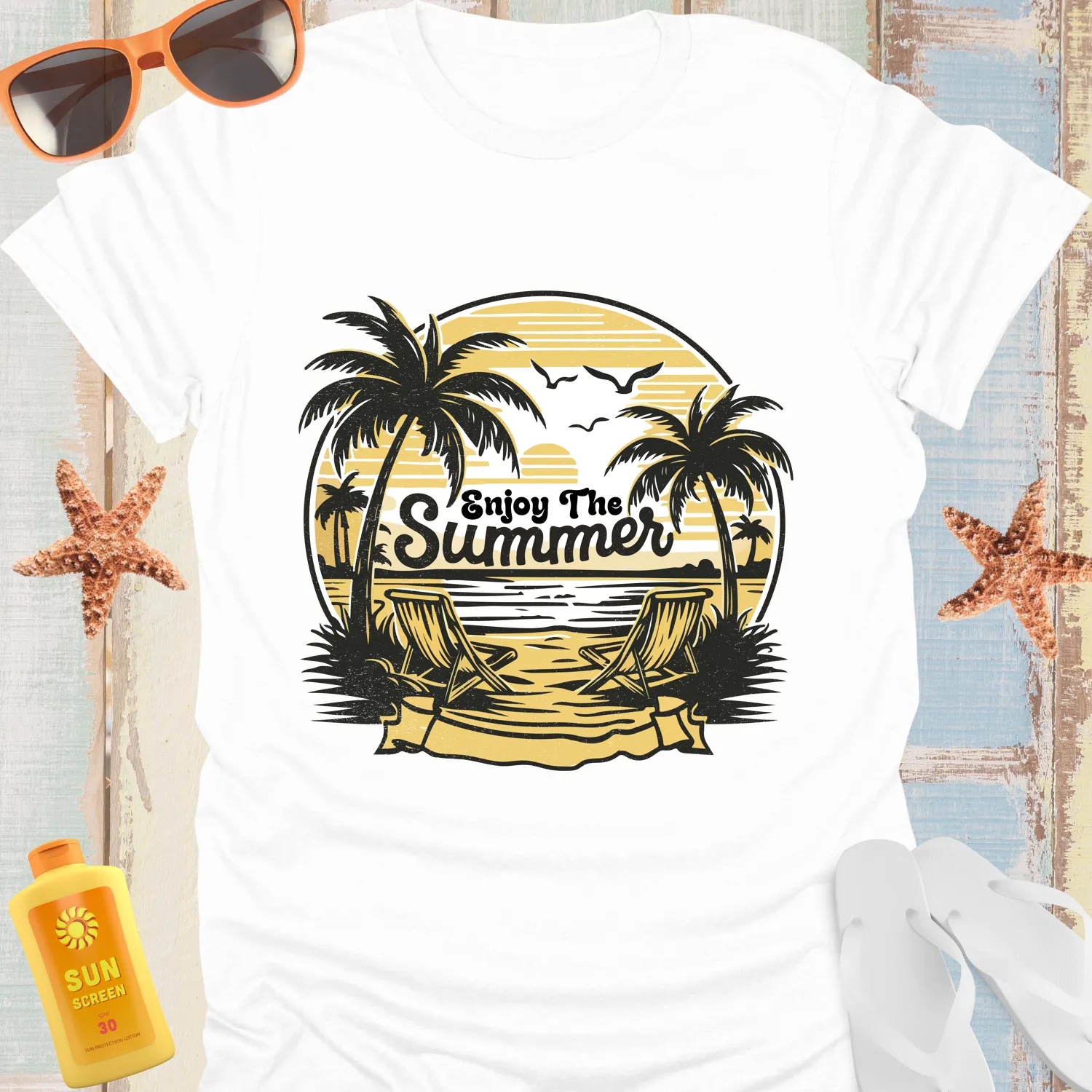 Summer Beach Scene T-Shirt With Palm Trees Design