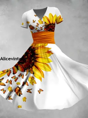 Sunflower Butterfly Art Printed V-Neck Vintage Fashion Short Sleeve Midi Dress