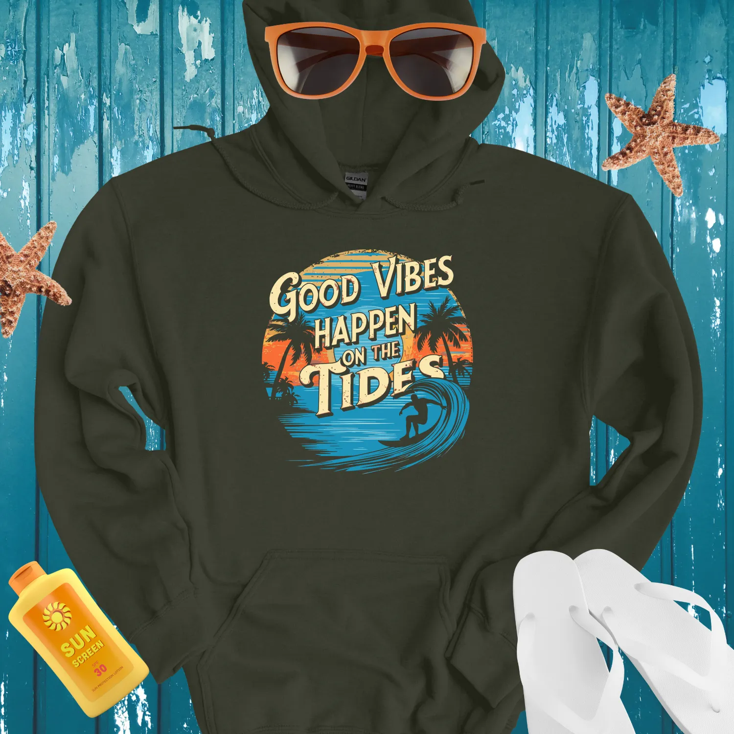 Surfing Sunset Hoodie With Retro Beach Vibes Design