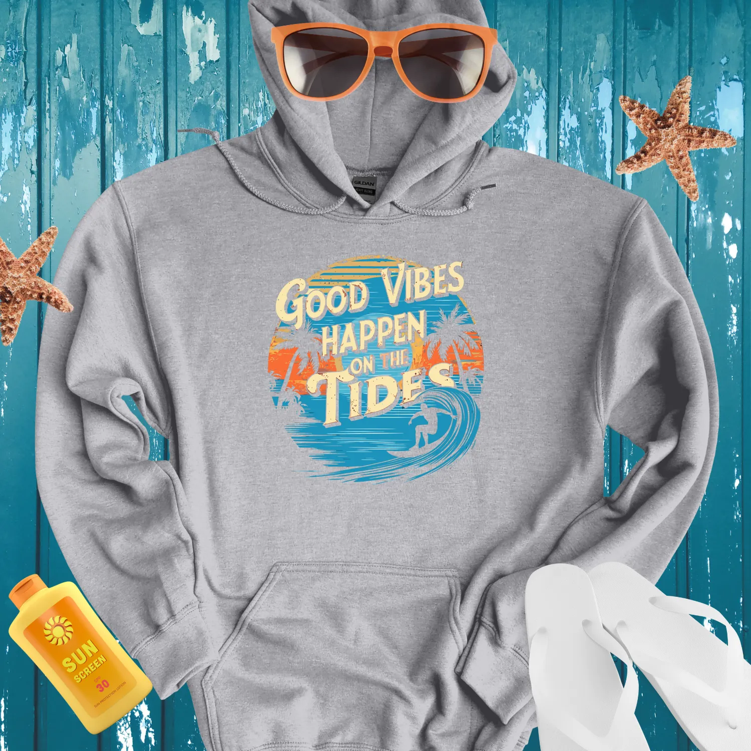 Surfing Sunset Hoodie With Retro Beach Vibes Design