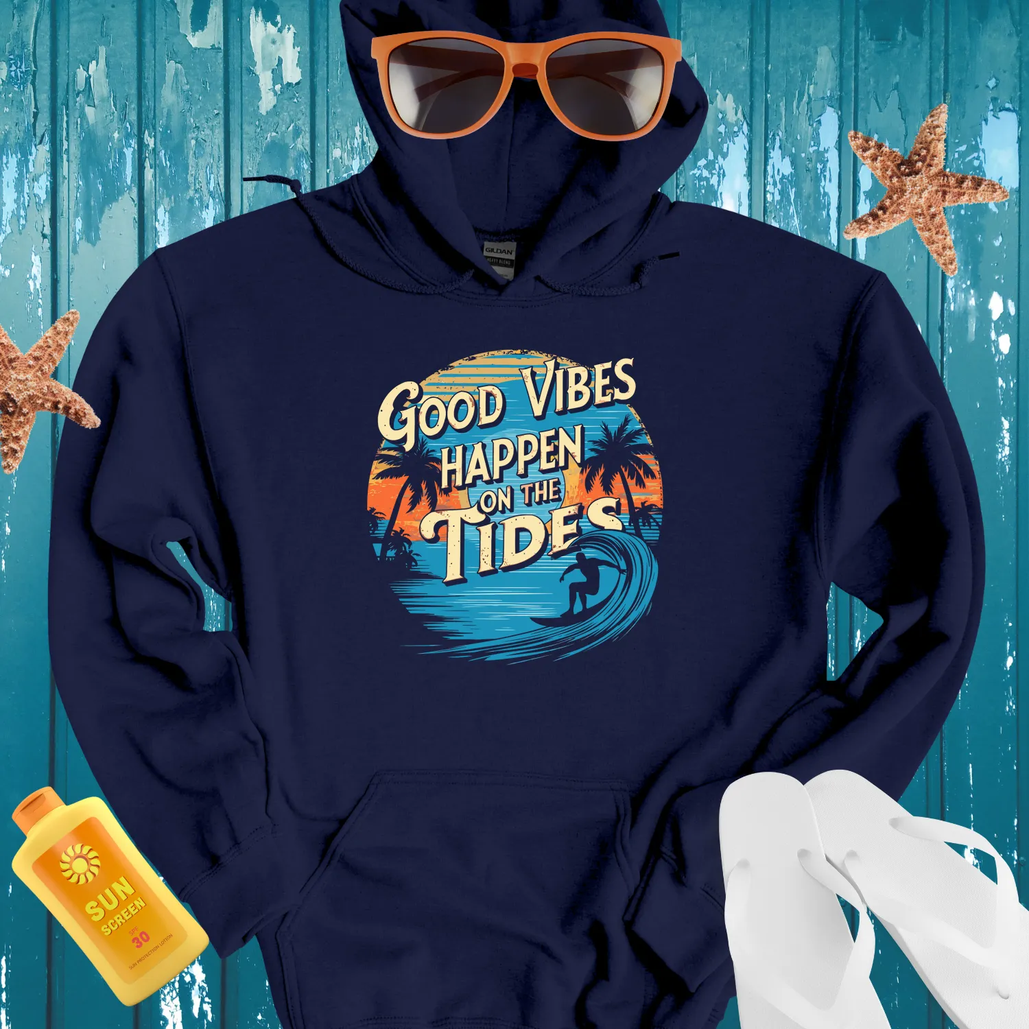 Surfing Sunset Hoodie With Retro Beach Vibes Design
