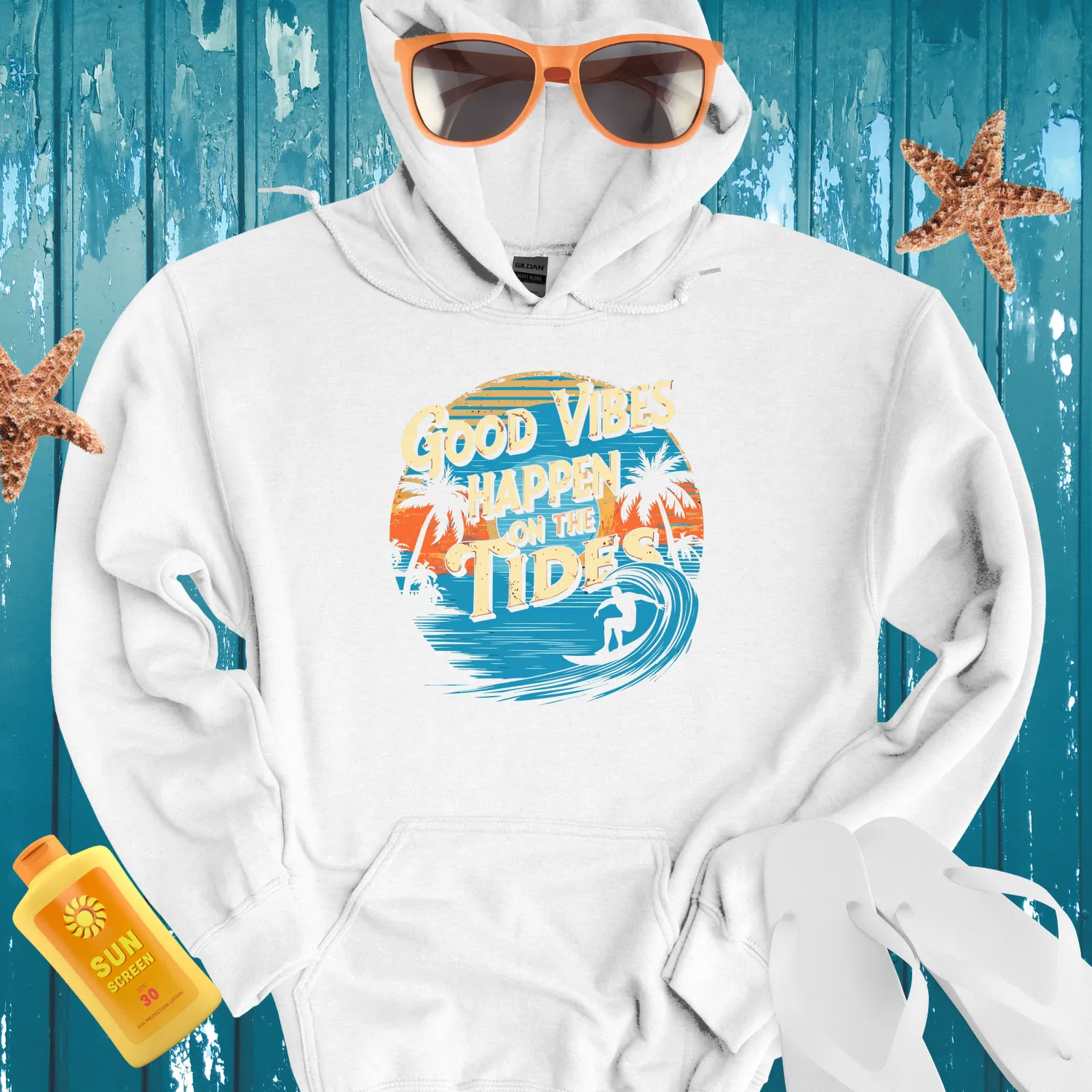 Surfing Sunset Hoodie With Retro Beach Vibes Design
