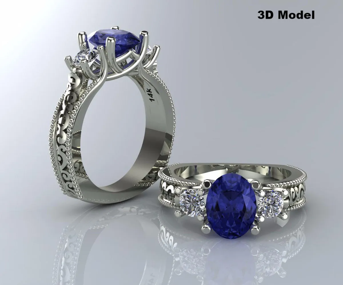 Swirl Vintage Blue Sapphire Diamond Engagement Ring