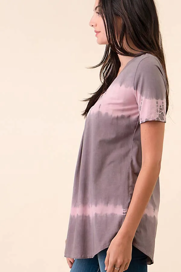TIE DYE PIN TUCK SHORT SLEEVE  V-NECK TOP 1536
