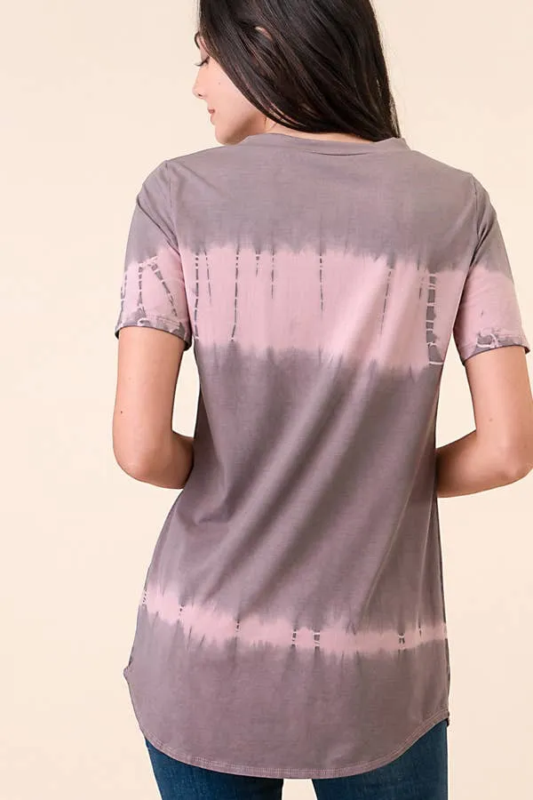 TIE DYE PIN TUCK SHORT SLEEVE  V-NECK TOP 1536