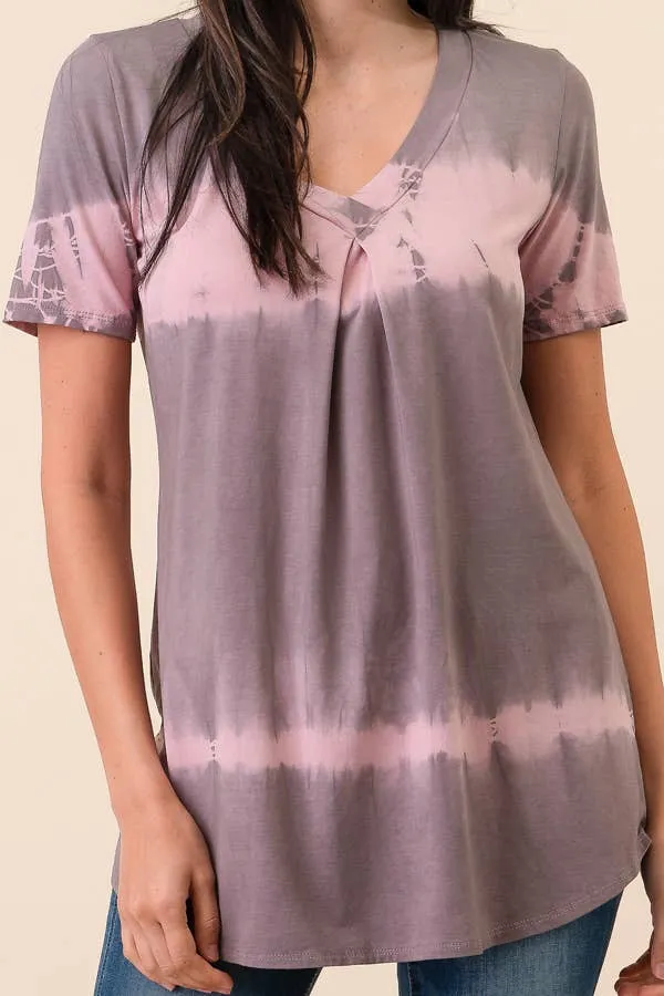 TIE DYE PIN TUCK SHORT SLEEVE  V-NECK TOP 1536