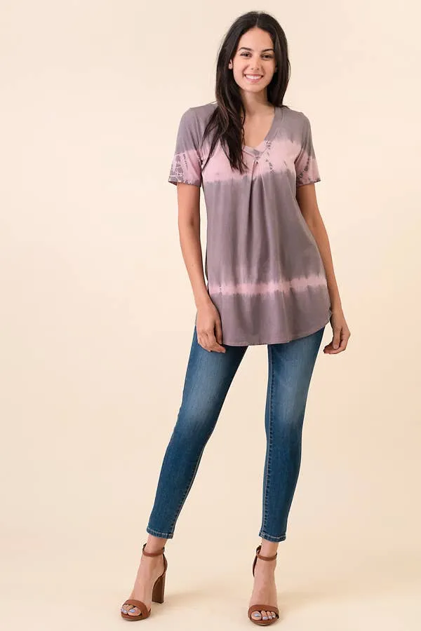 TIE DYE PIN TUCK SHORT SLEEVE  V-NECK TOP 1536