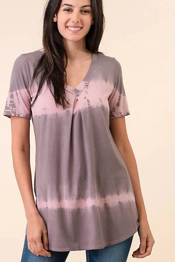 TIE DYE PIN TUCK SHORT SLEEVE  V-NECK TOP 1536