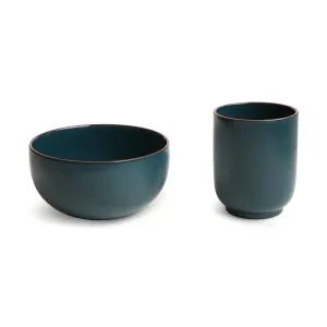 Traditional Blue Lacquer Bowl & Cup Set