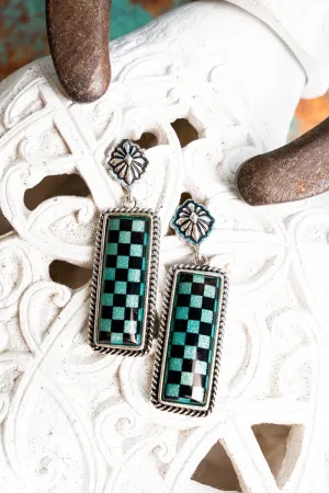Turquoise Cool Valley Check Bar Earrings