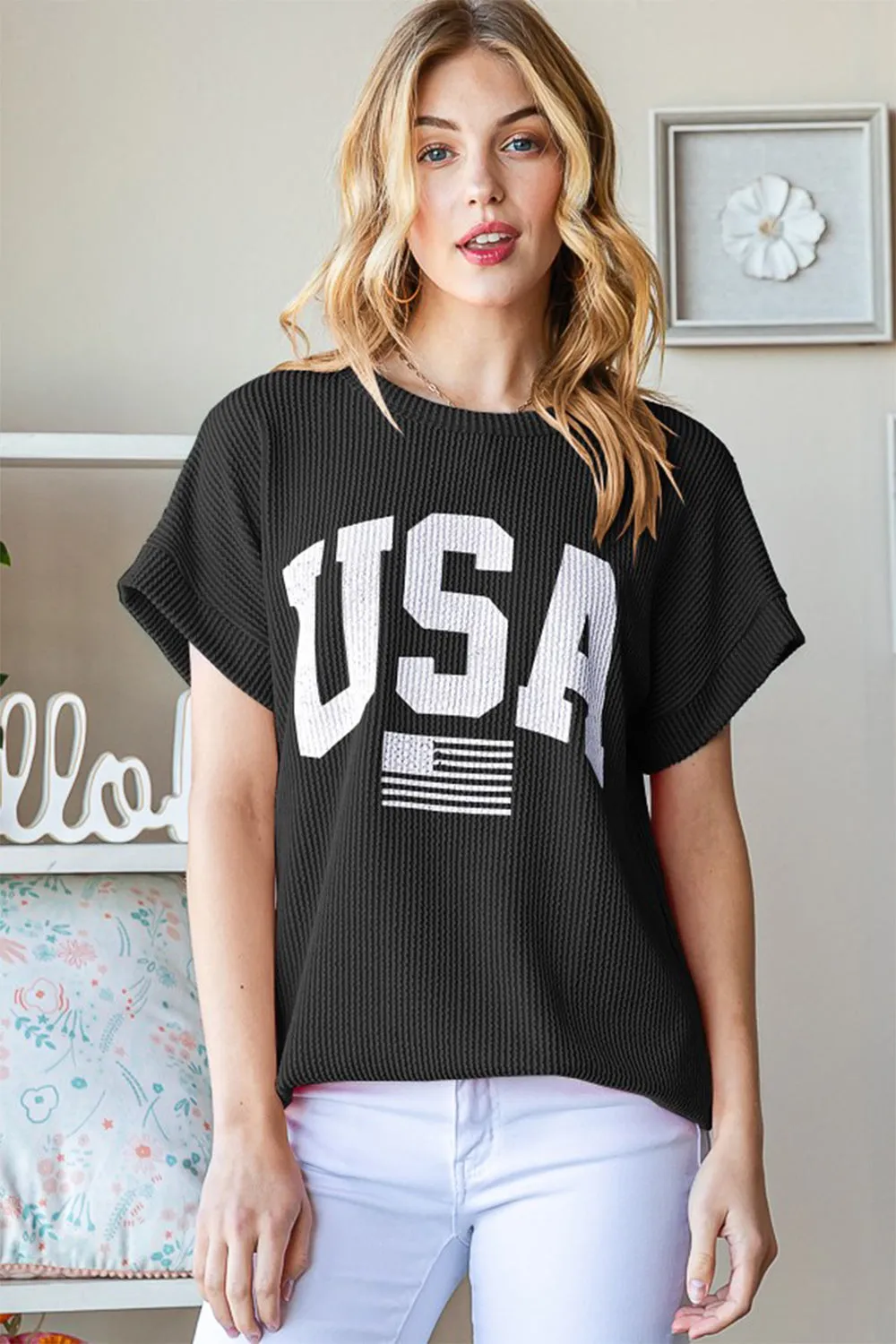 USA Graphic Short Sleeve Ribbed Top - Online Exclusive