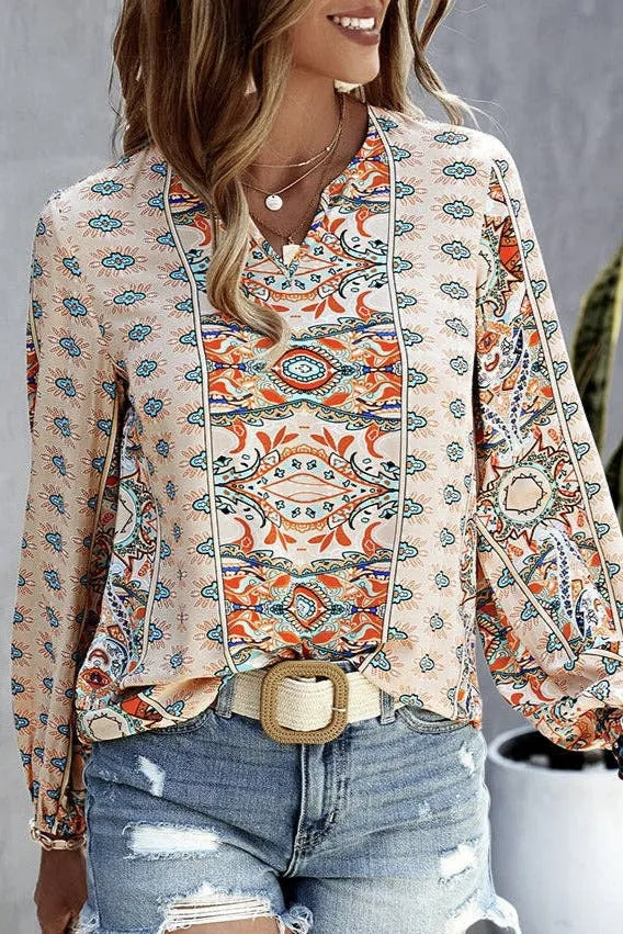 V Neck Long Sleeve Graphic Loose Top