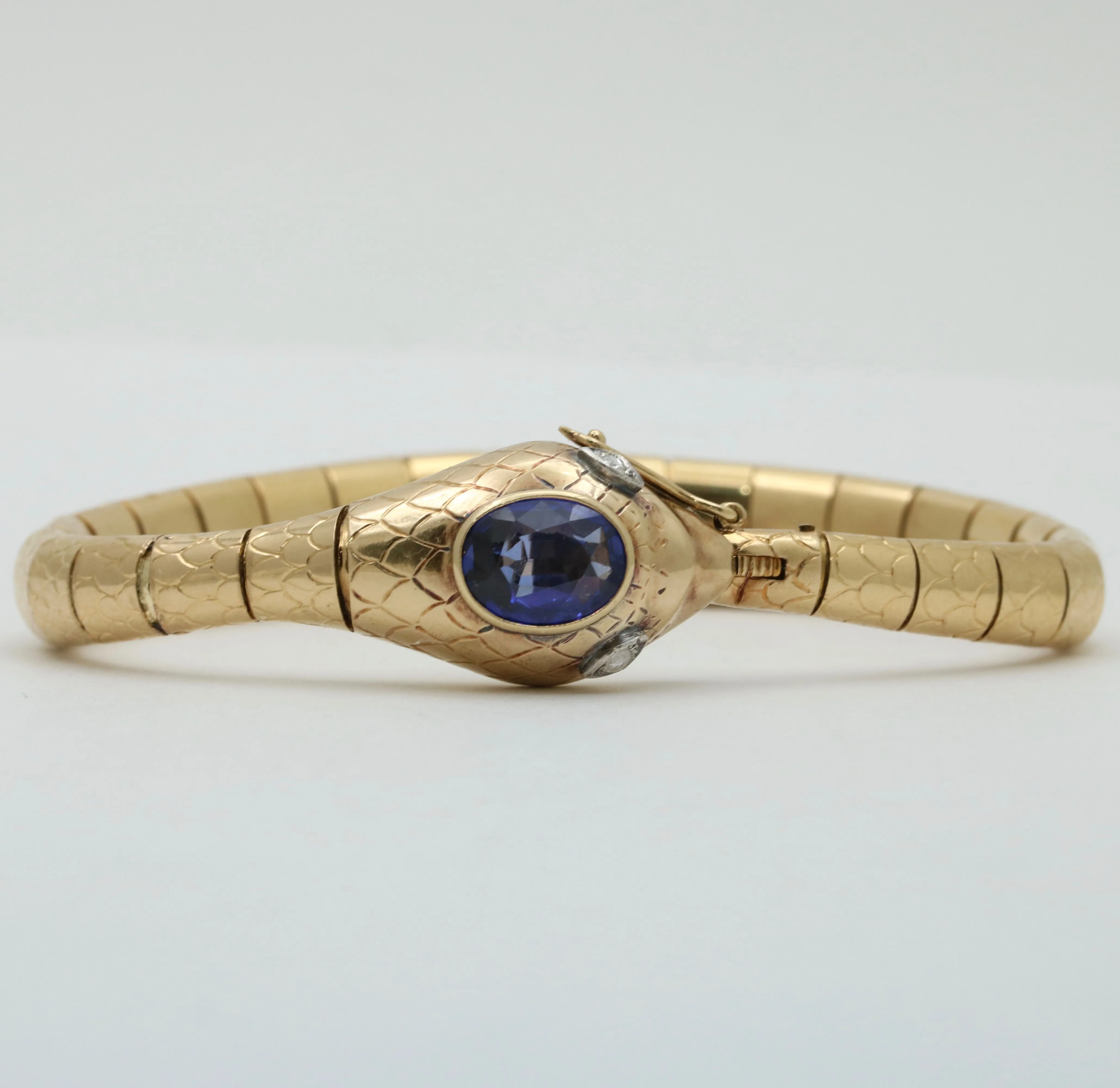 Vintage 16K Gold, Sapphire and Diamond Articulated Snake Bracelet