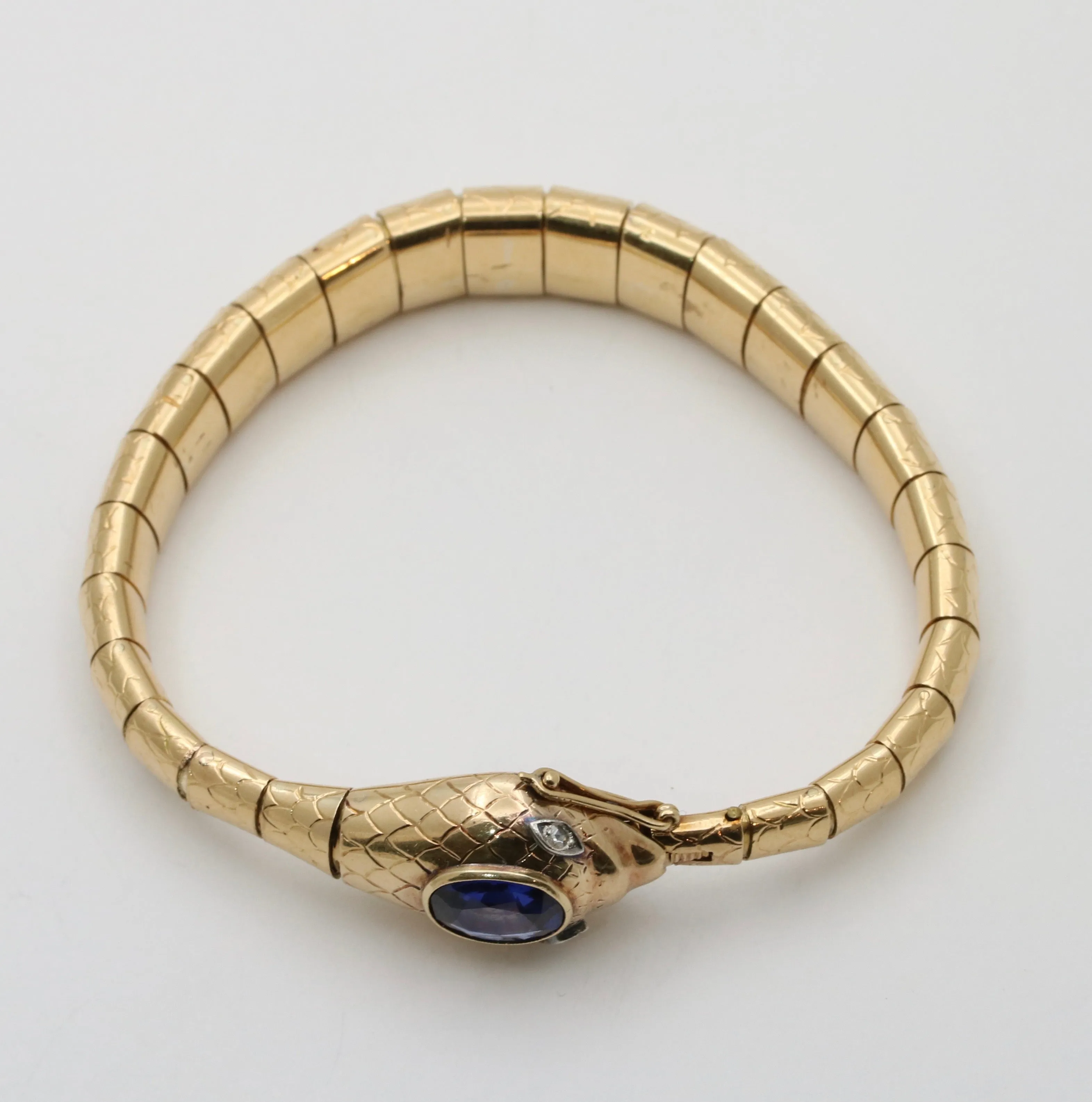 Vintage 16K Gold, Sapphire and Diamond Articulated Snake Bracelet