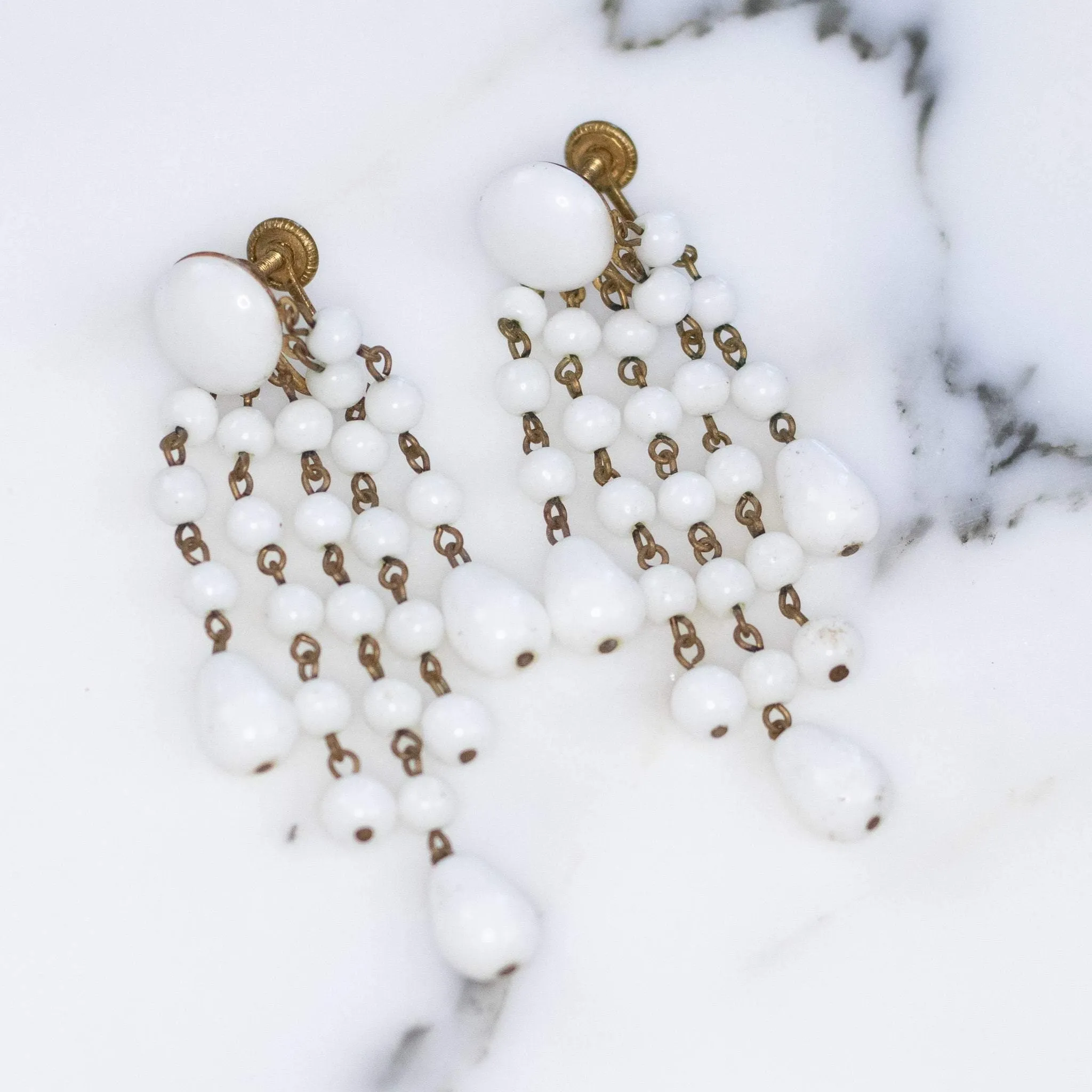 Vintage 1940s Milk Glass Dangling Chandelier Style Statement Earrings
