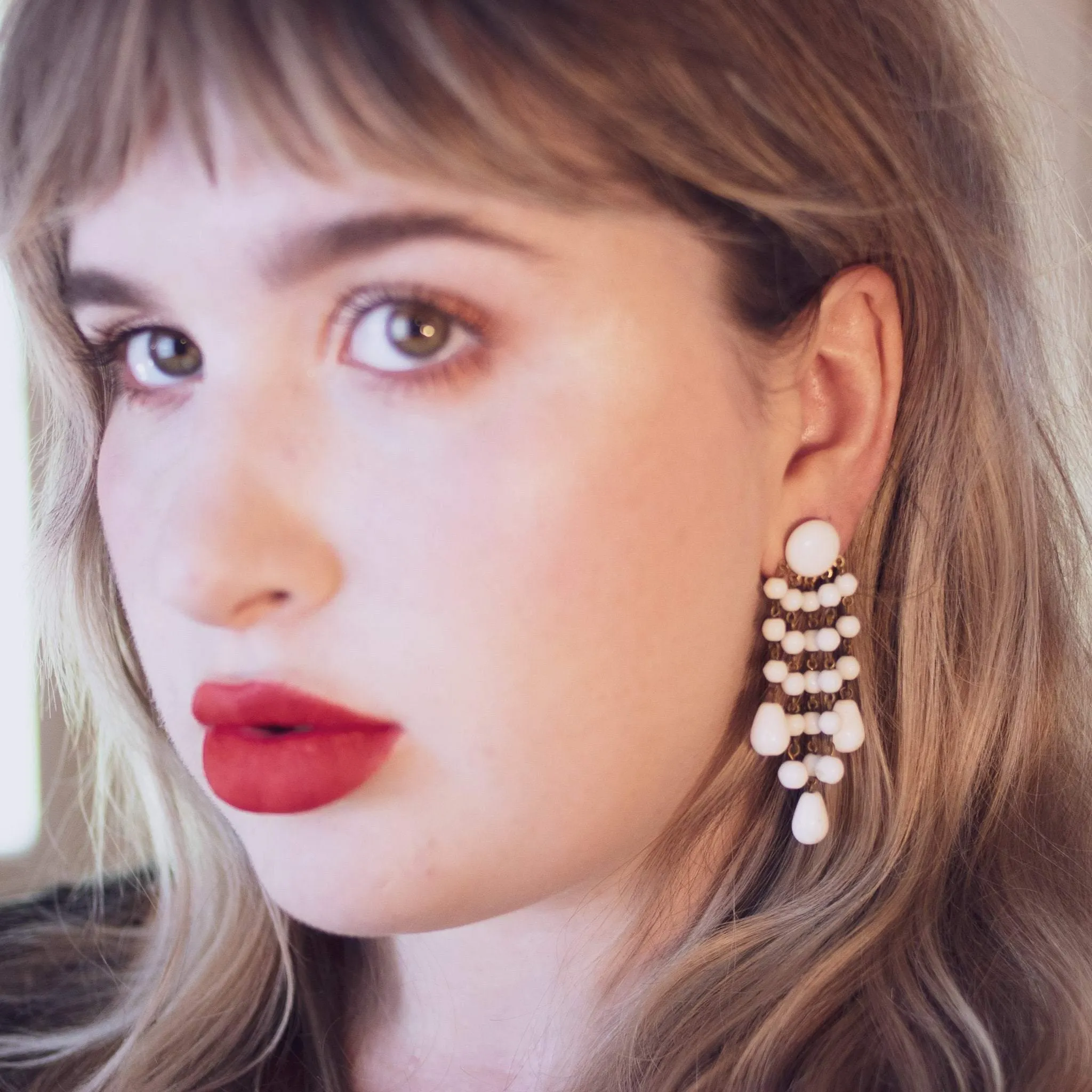 Vintage 1940s Milk Glass Dangling Chandelier Style Statement Earrings