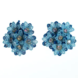 Vintage 1950s Shades of Blue Lace Lucite and Aurora Borealis Flower Earrings