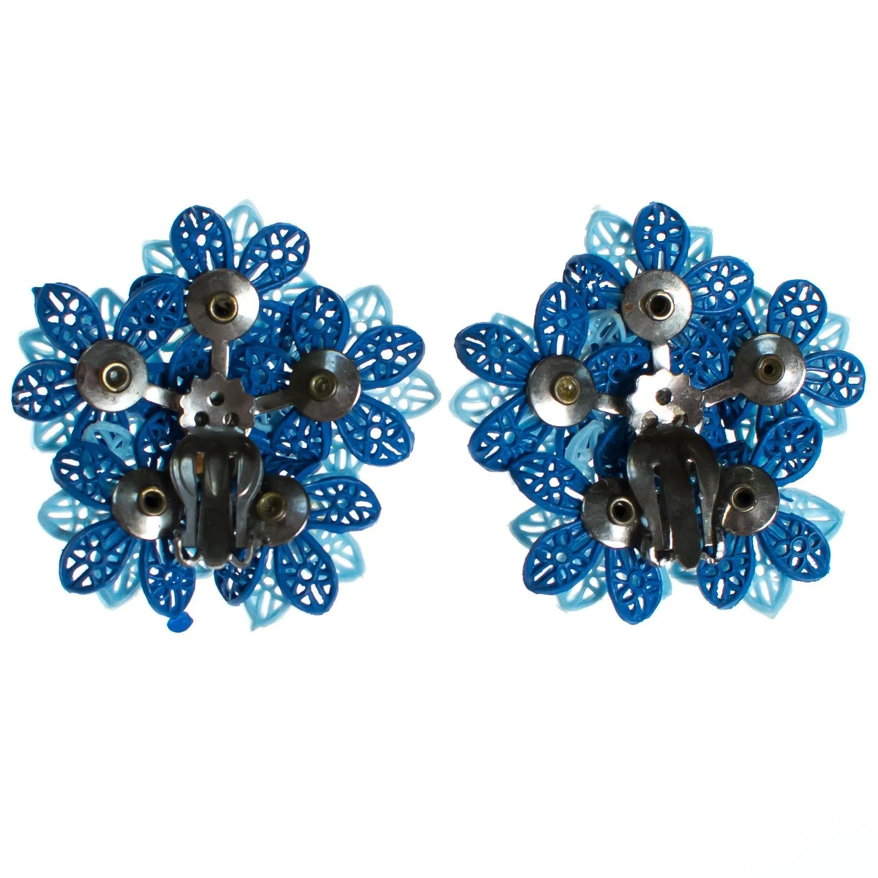 Vintage 1950s Shades of Blue Lace Lucite and Aurora Borealis Flower Earrings