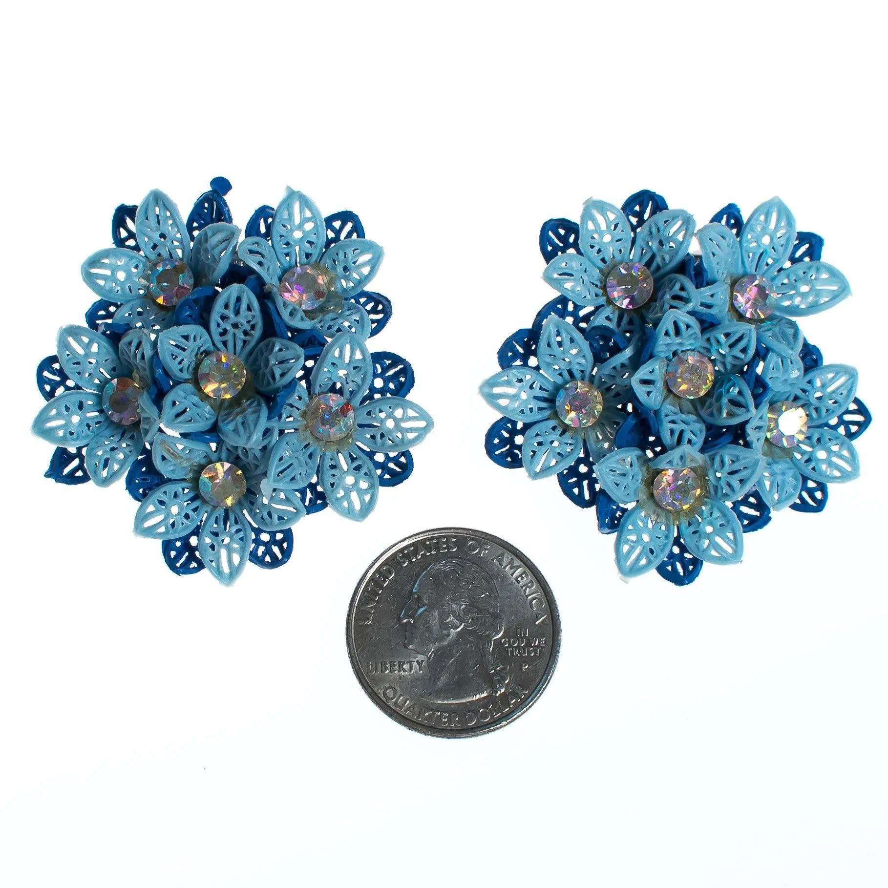 Vintage 1950s Shades of Blue Lace Lucite and Aurora Borealis Flower Earrings