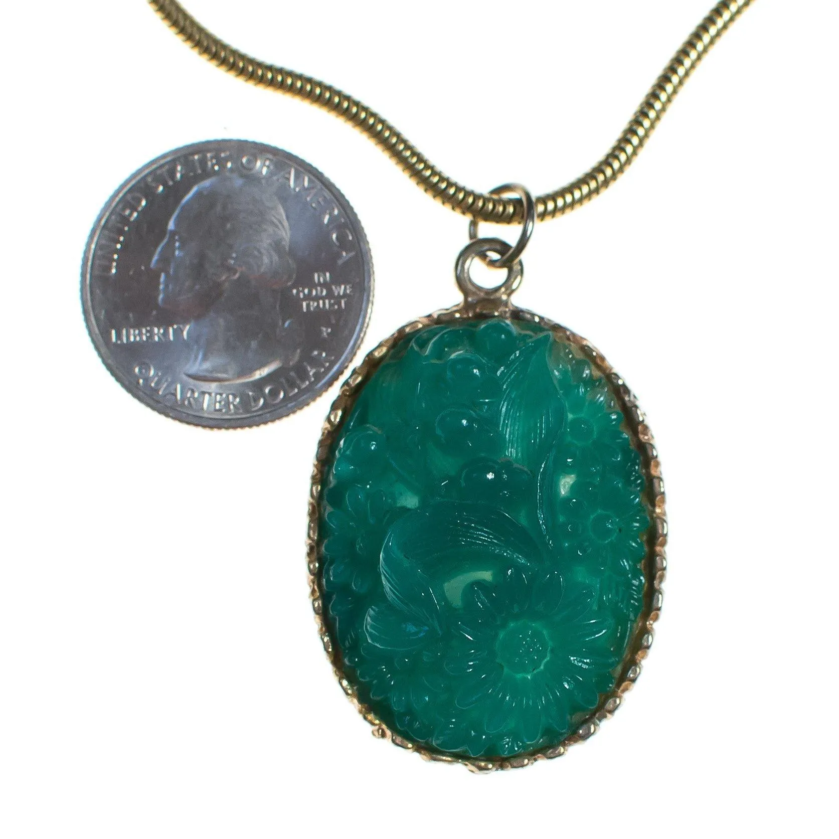 Vintage 1960s Pressed Jade Glass Pendant Statement Necklace