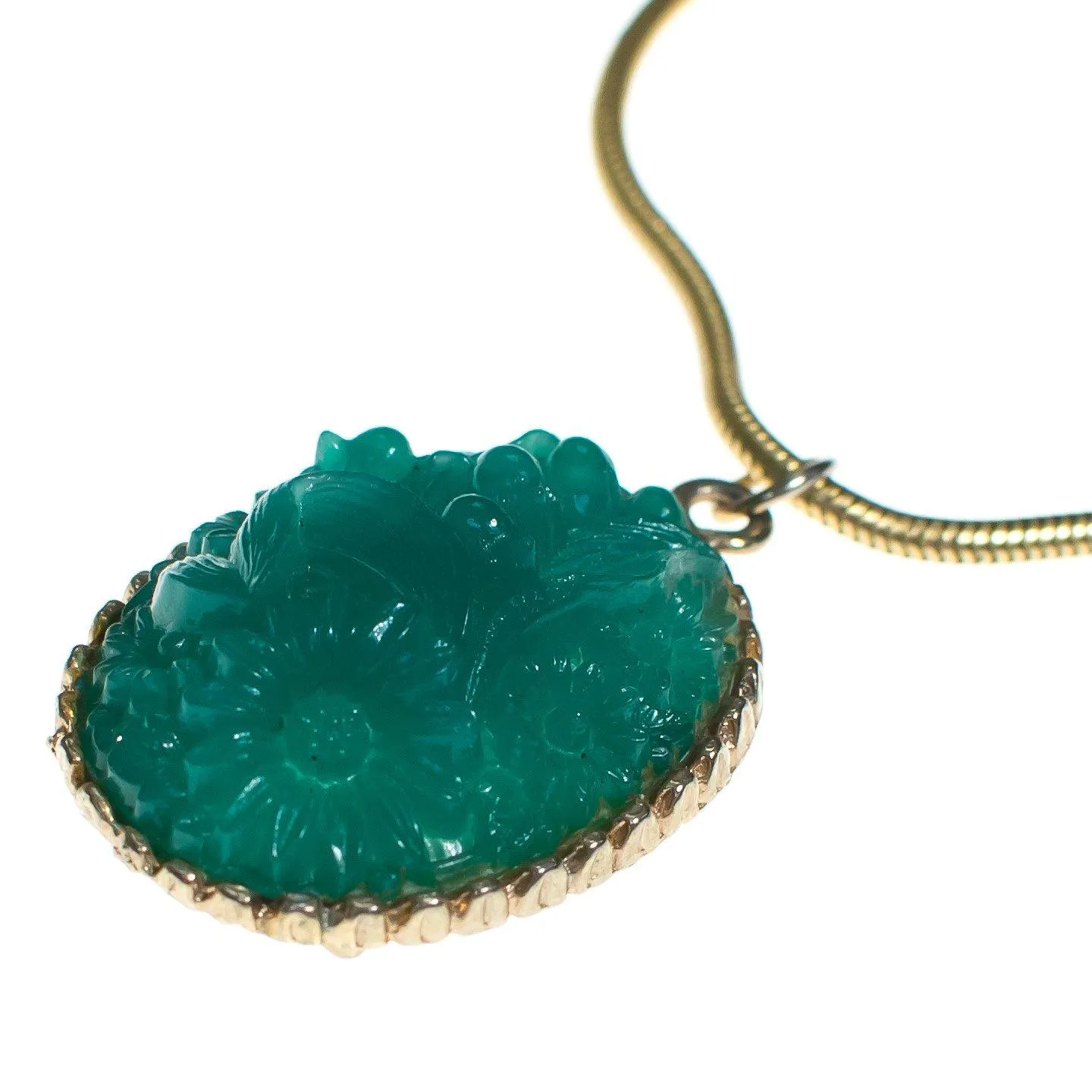 Vintage 1960s Pressed Jade Glass Pendant Statement Necklace