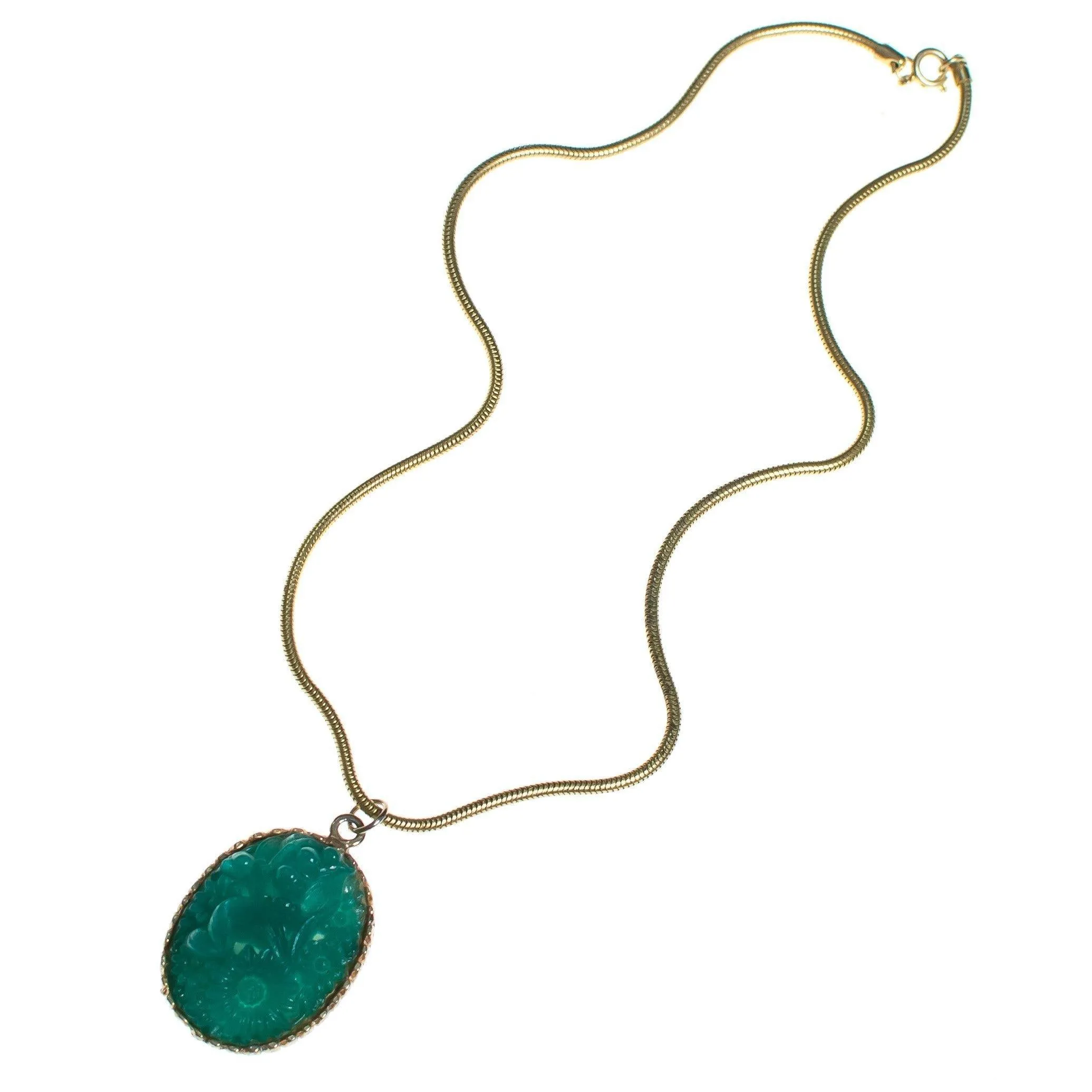 Vintage 1960s Pressed Jade Glass Pendant Statement Necklace