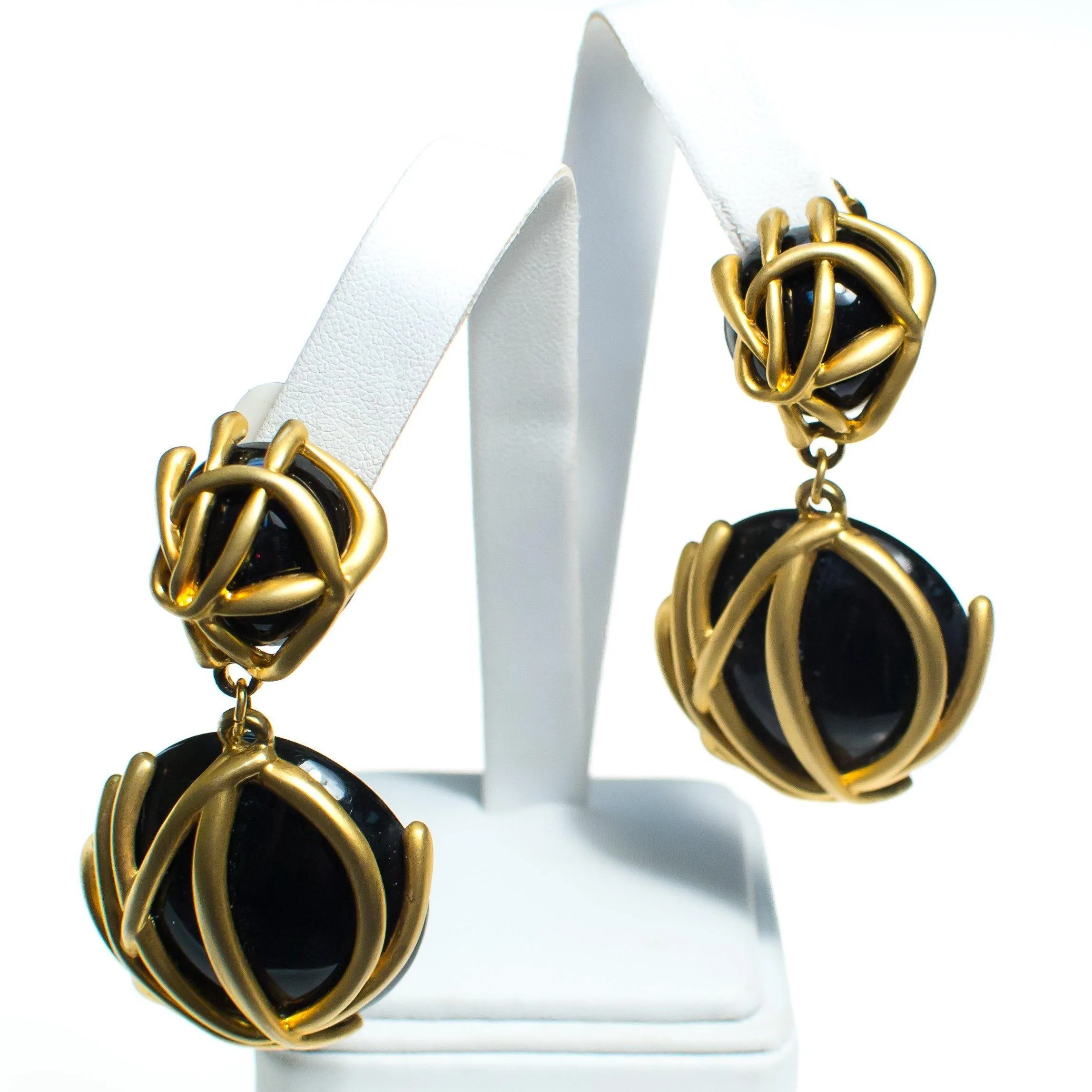 Vintage 1980s Abstract Modernist Style Brushed Gold and Black Statement Earrings, Clip On, Dangling