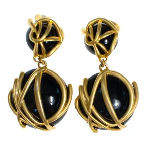 Vintage 1980s Abstract Modernist Style Brushed Gold and Black Statement Earrings, Clip On, Dangling