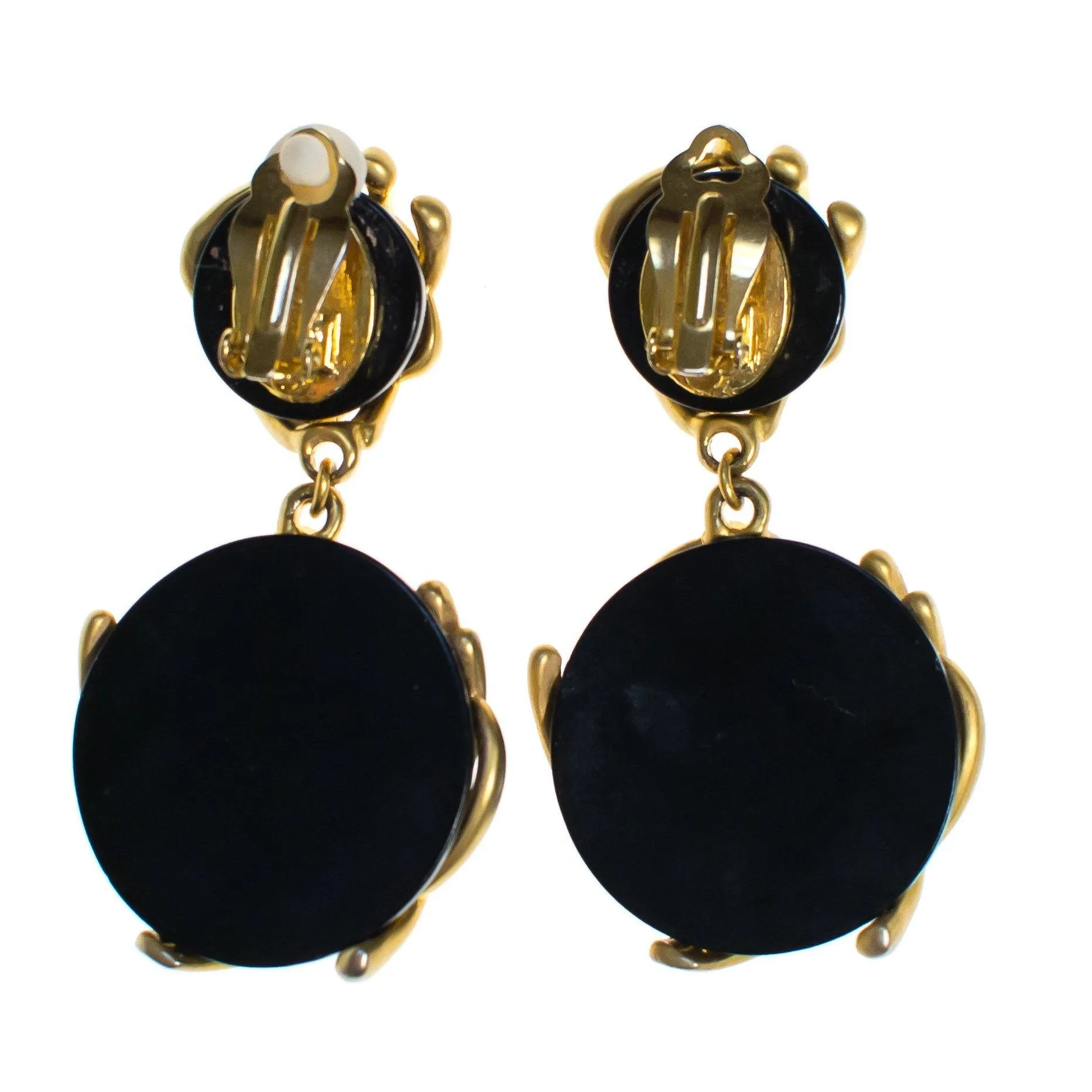 Vintage 1980s Abstract Modernist Style Brushed Gold and Black Statement Earrings, Clip On, Dangling