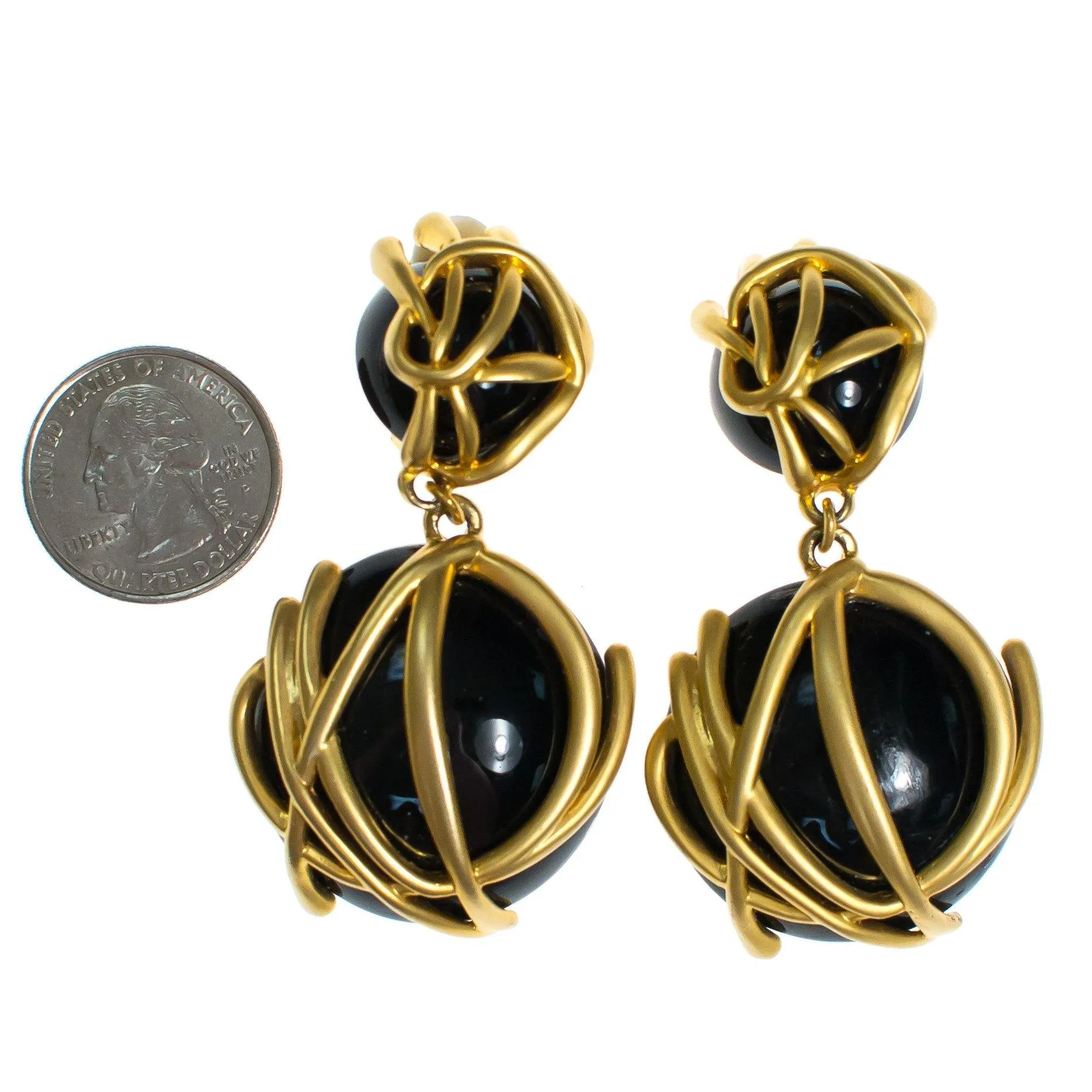 Vintage 1980s Abstract Modernist Style Brushed Gold and Black Statement Earrings, Clip On, Dangling