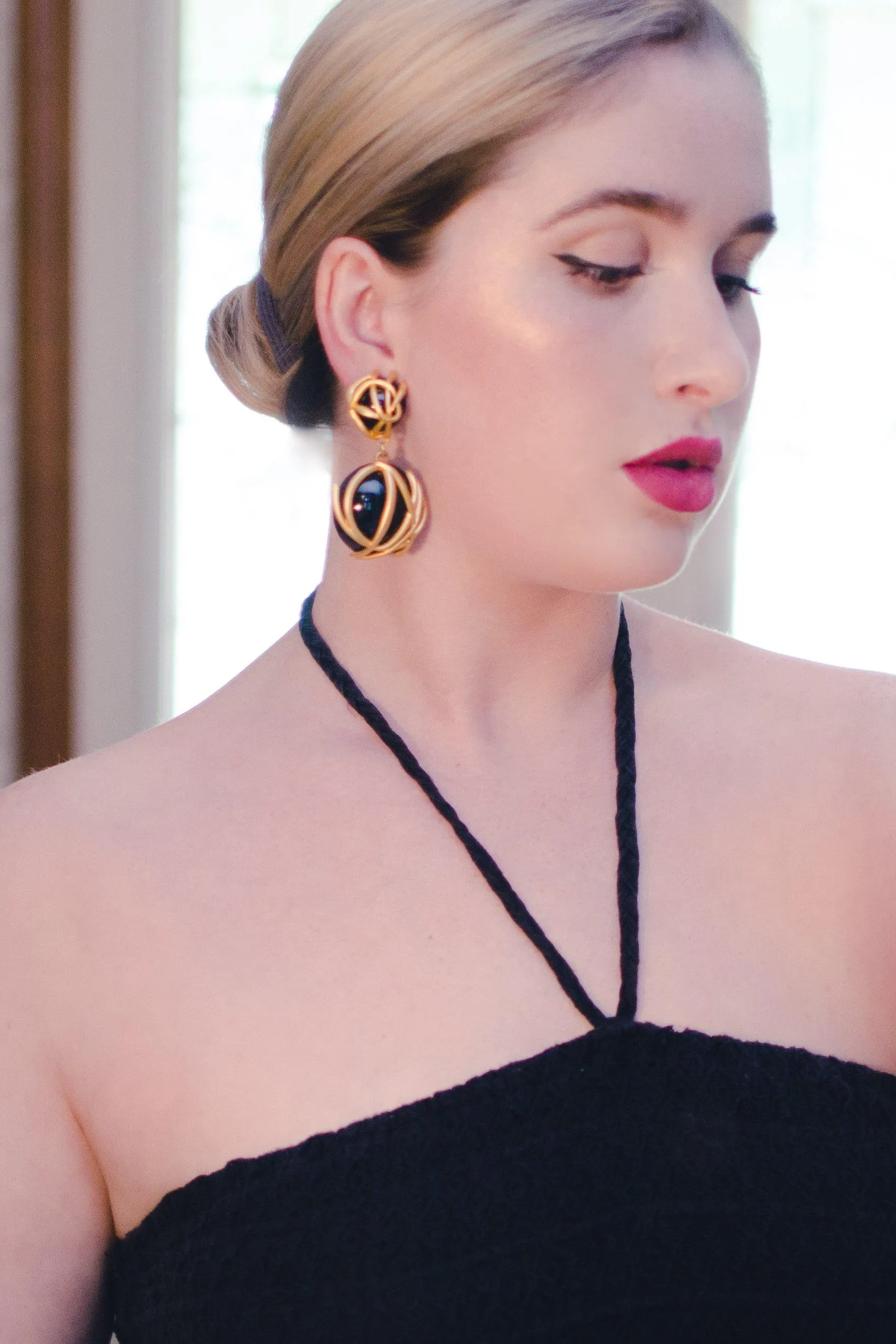 Vintage 1980s Abstract Modernist Style Brushed Gold and Black Statement Earrings, Clip On, Dangling