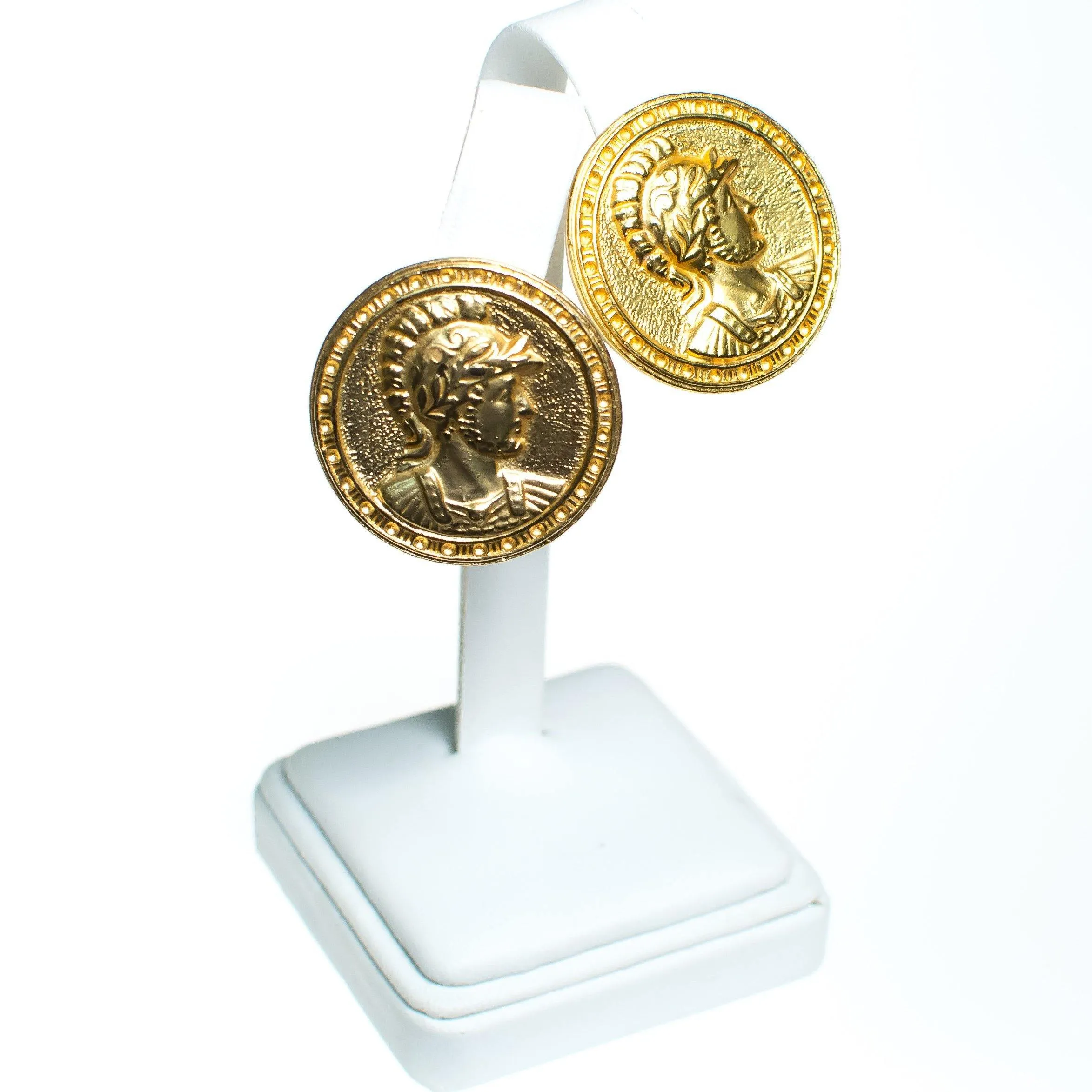 Vintage 1980s Roman Coin Earrings, Gold Tone Setting, Clip-on