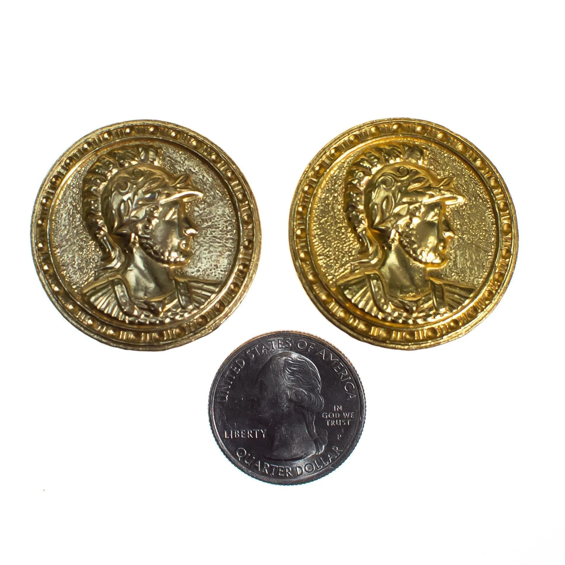 Vintage 1980s Roman Coin Earrings, Gold Tone Setting, Clip-on
