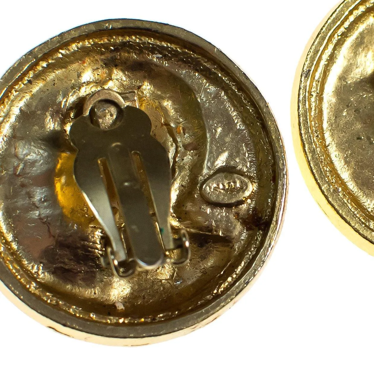 Vintage 1980s Roman Coin Earrings, Gold Tone Setting, Clip-on