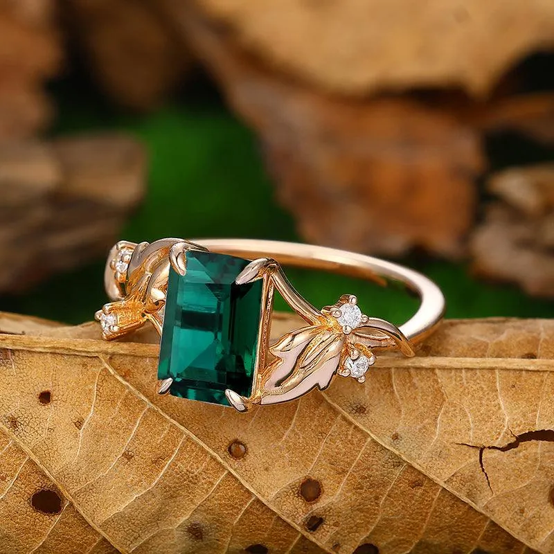 Vintage 2.5 CT Emerald Cut Sterling Sliver Twist Leaf Vines  Emerald Ring