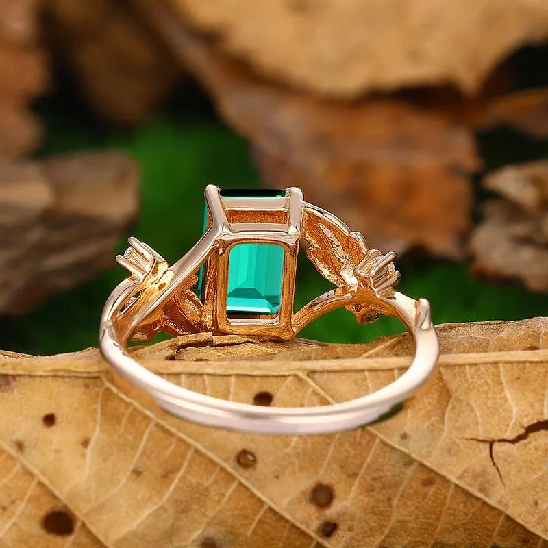 Vintage 2.5 CT Emerald Cut Sterling Sliver Twist Leaf Vines  Emerald Ring