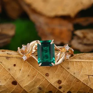 Vintage 2.5 CT Emerald Cut Sterling Sliver Twist Leaf Vines  Emerald Ring