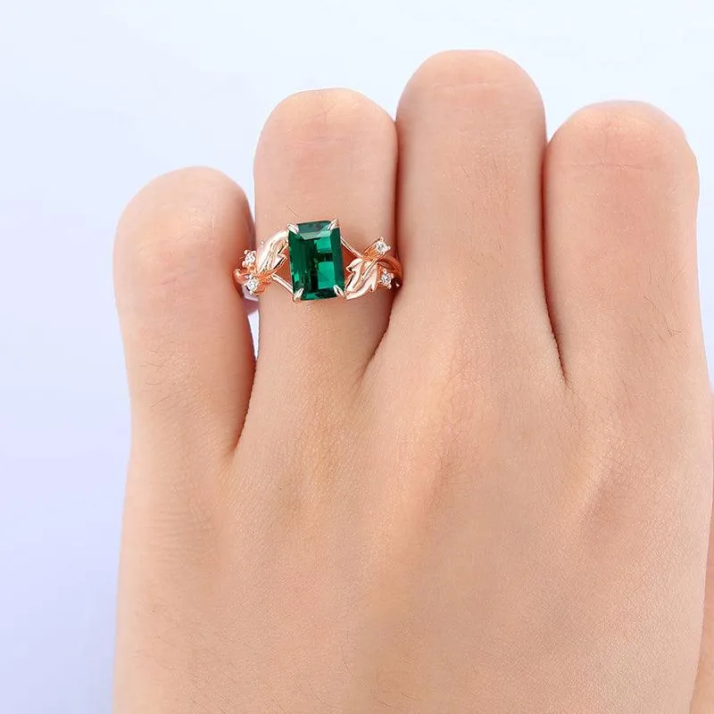 Vintage 2.5 CT Emerald Cut Sterling Sliver Twist Leaf Vines  Emerald Ring