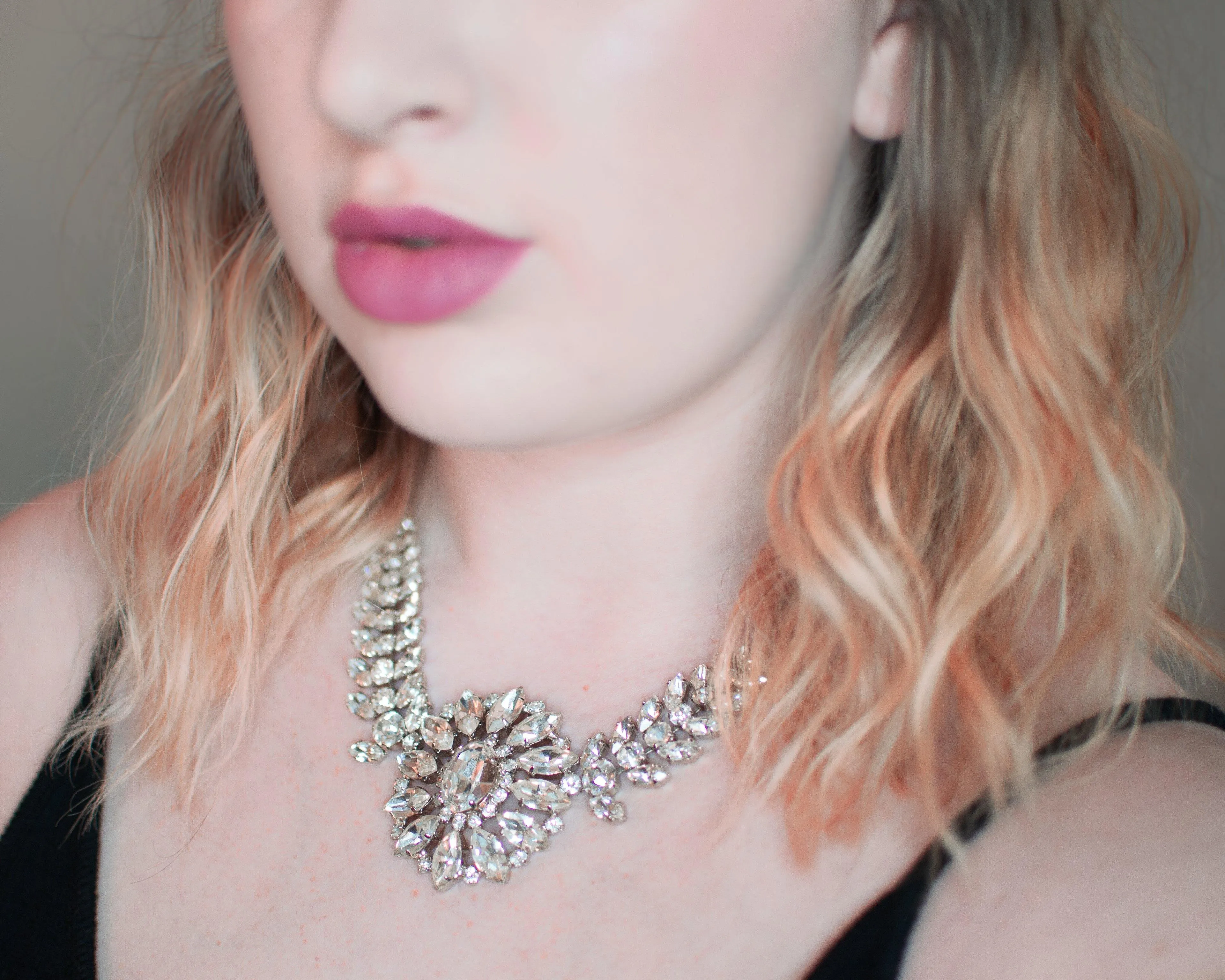 Vintage  Art Deco Style B & W Clear Crystal Rhinestone Statement Necklace