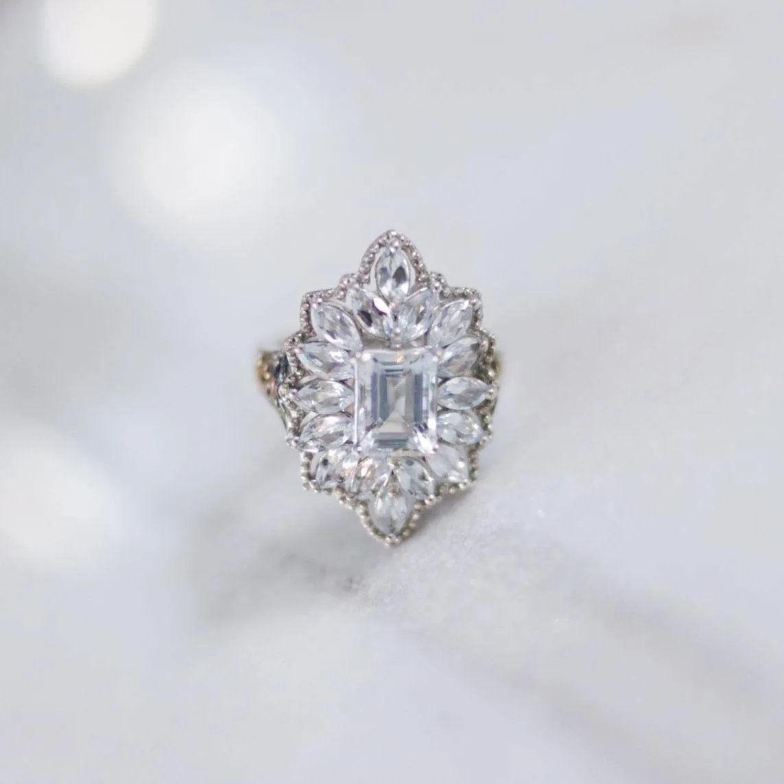 Vintage Art Deco Style White Tourmaline Cocktail Statement Ring