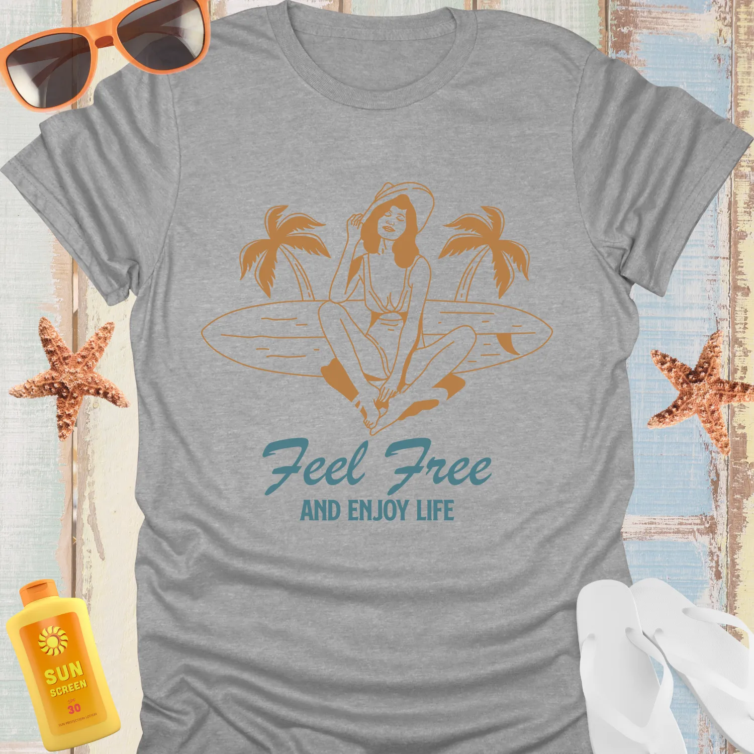 Vintage Beach Vibes Surfboard Tee Feel Free And Enjoy