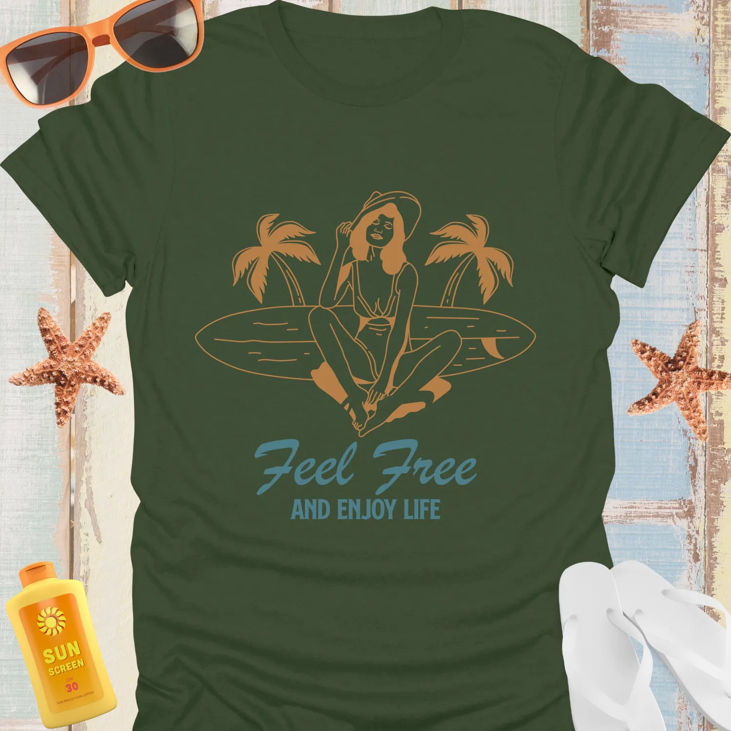 Vintage Beach Vibes Surfboard Tee Feel Free And Enjoy