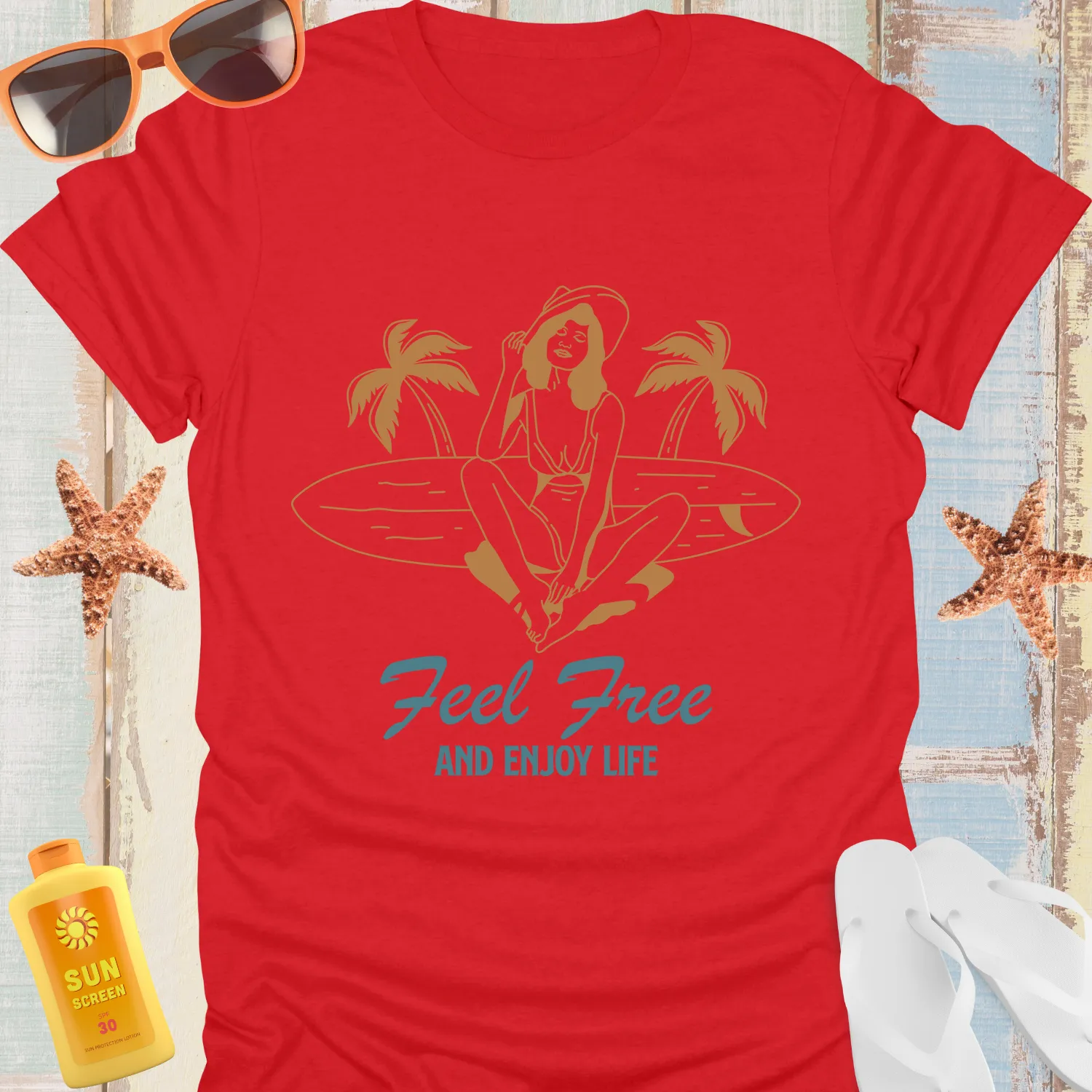 Vintage Beach Vibes Surfboard Tee Feel Free And Enjoy