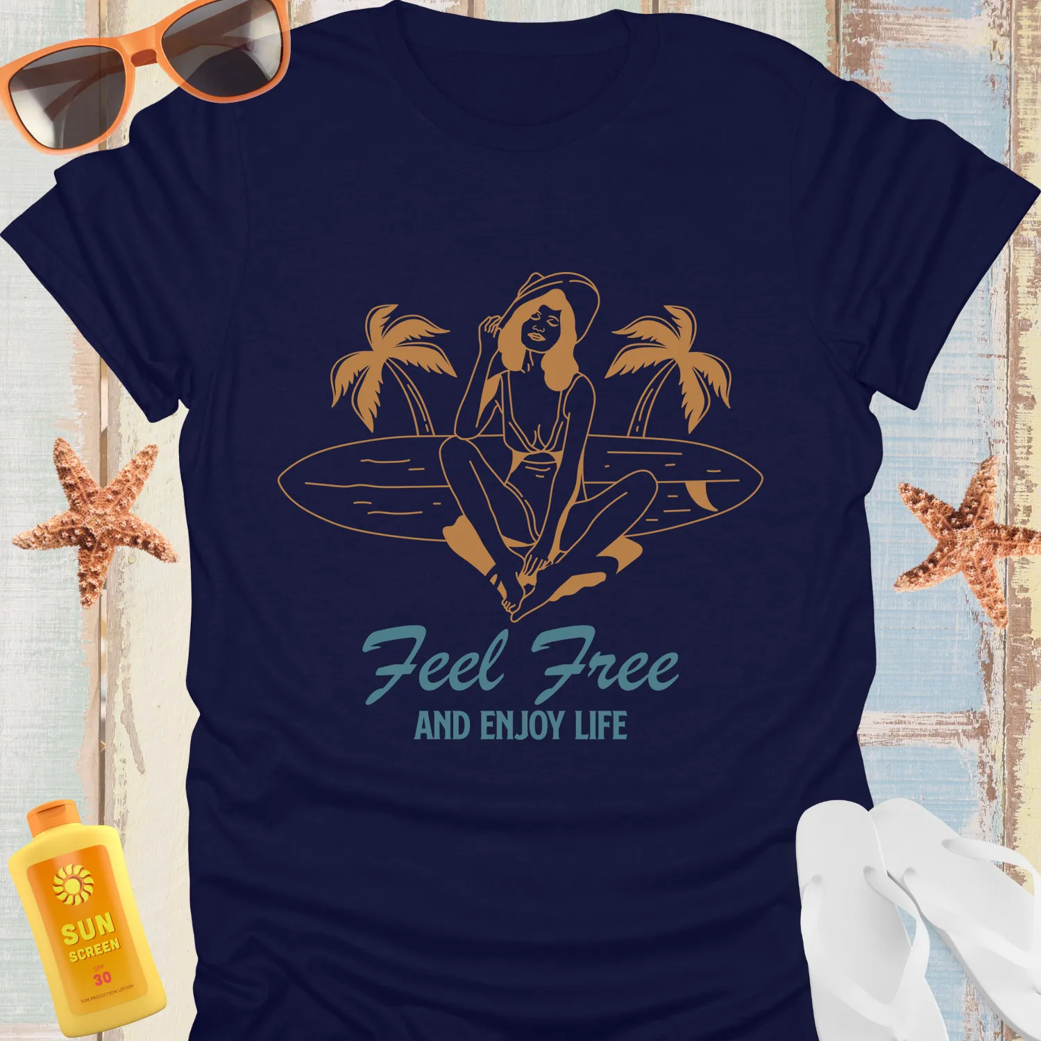 Vintage Beach Vibes Surfboard Tee Feel Free And Enjoy