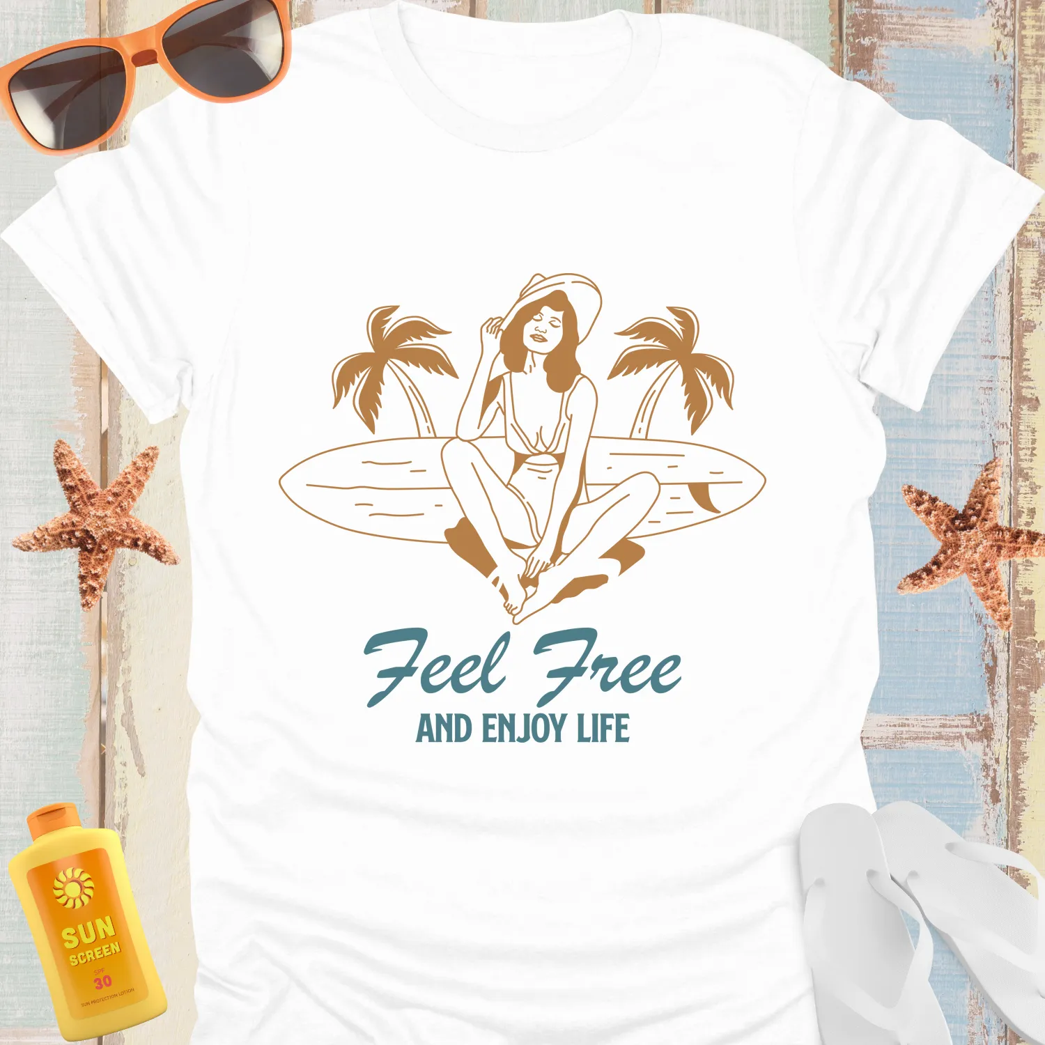 Vintage Beach Vibes Surfboard Tee Feel Free And Enjoy