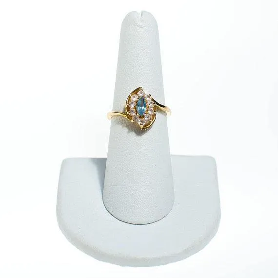 Vintage Blue Topaz Crystal Statement Ring Princess Setting Marquise Cut Center Stone Gold Plated Ring Size 7.25