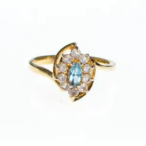Vintage Blue Topaz Crystal Statement Ring Princess Setting Marquise Cut Center Stone Gold Plated Ring Size 7.25