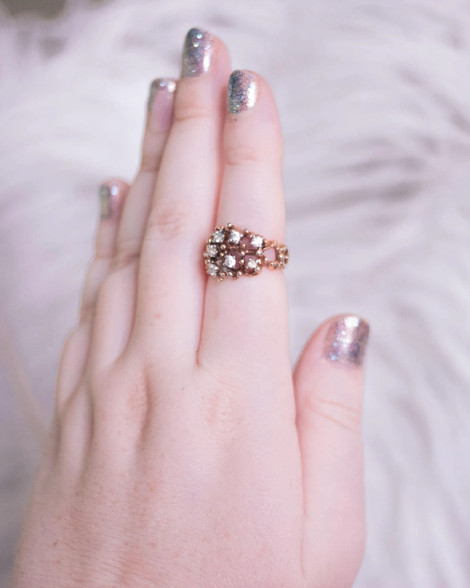 Vintage Brutalist Modern Gold Chunky Statement Ring with Rhinestones
